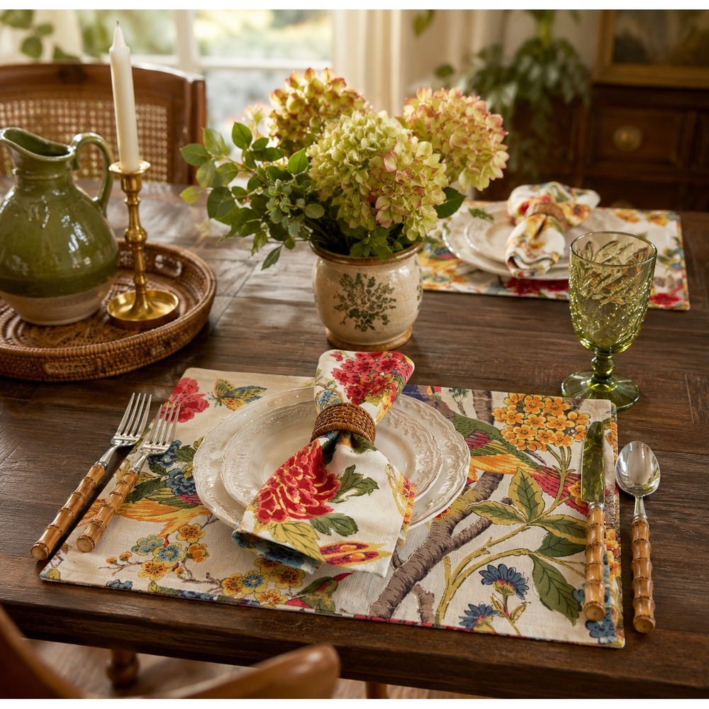 World Market Whippoorwill Placemats Napkins Set 4pc Cream Floral Bird Excellent